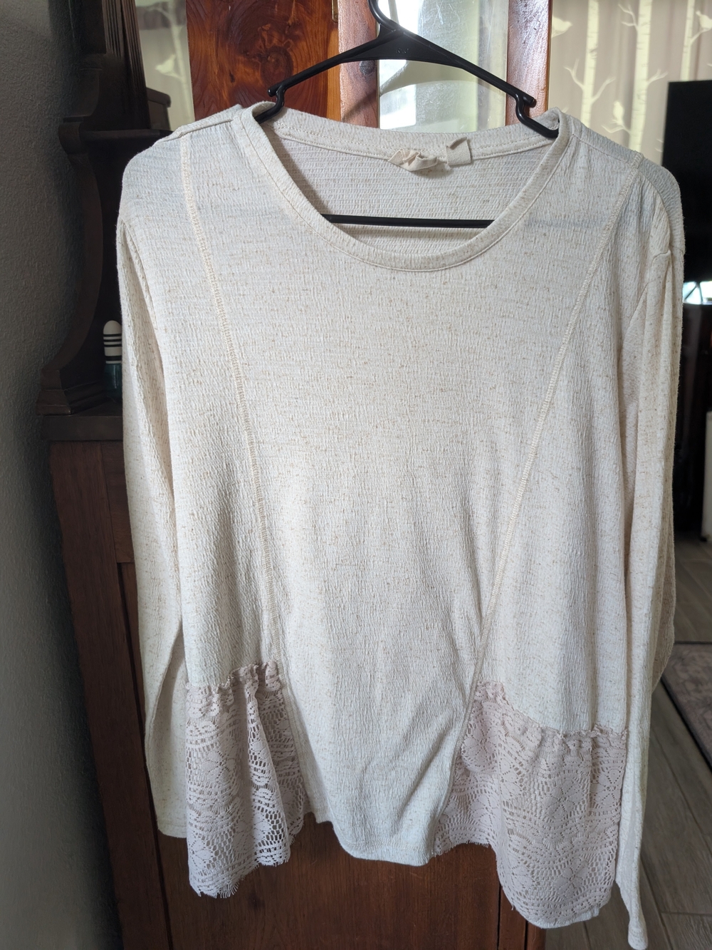 LOGO by Lori Goldstein Cream Long-Sleeve Knit Top with Crochet Trim
